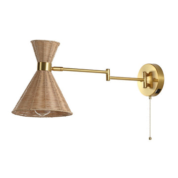 Lily 25" 1-Light Mid-Century Vintage Retro Rattan/Metal USB Charging Swing Arm LED Sconce with Pull Chain - JONATHAN Y